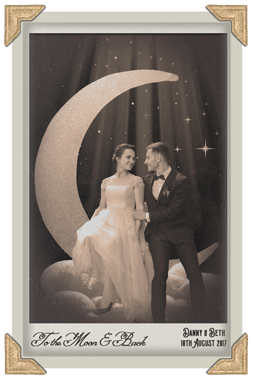 Example picture of paper moon photo booth taken with vintage photo booth and sit on paper moon set.